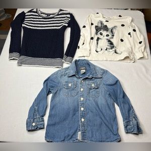 Girls bundle of 3. Size 4/4T. Denim Oshkosh B’gosh button shirt. H&M kitten top.